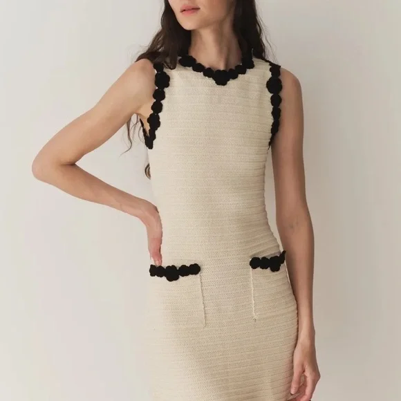 Doen Millicent Pima Cotton Knit Pocket Trim Sleeveless Mini Dress Cream Black